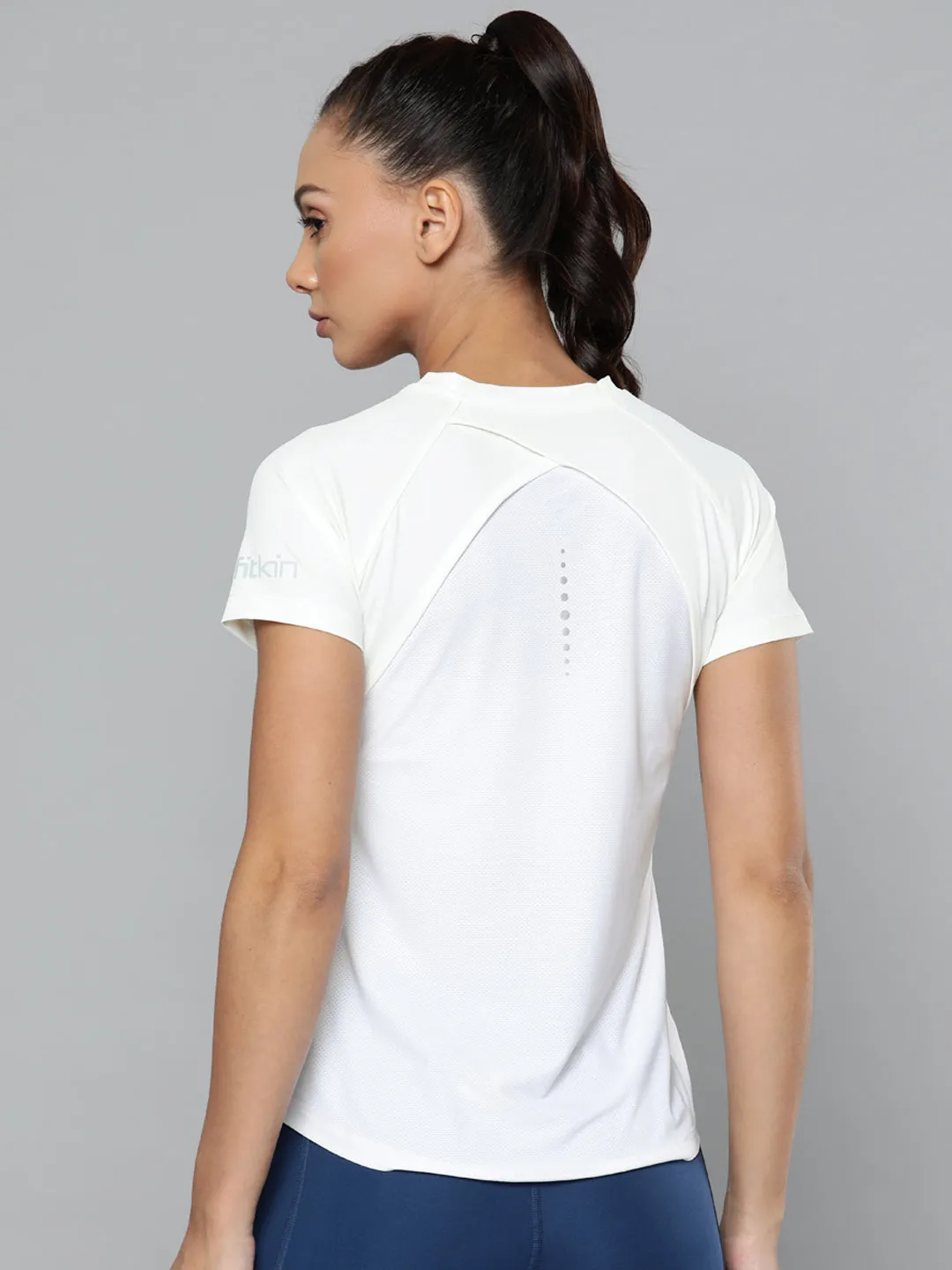 Women's White Slim Fit Self Design Training or Gym T-shirt