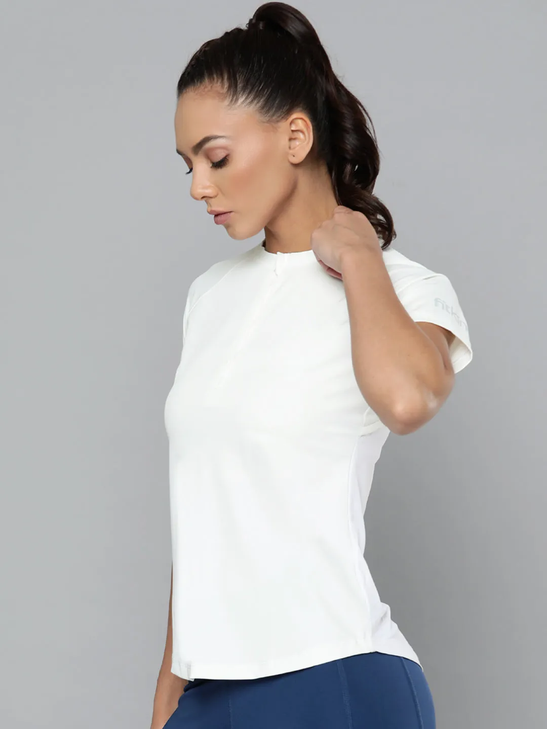 Women's White Slim Fit Self Design Training or Gym T-shirt