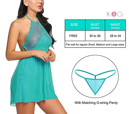 Xs and Os Women's Sheer Mesh and Lace Solid Above Knee Lingerie Mini Babydoll Nightwear Mesh Sleepwear (Turquoise, Free Size)